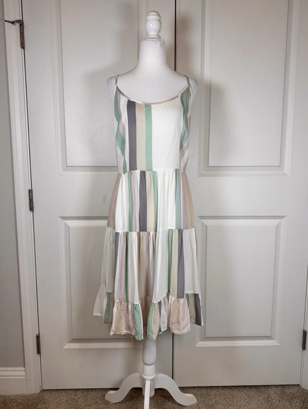Striped Tiered Sundress in Pastel Green, Cream & Gray